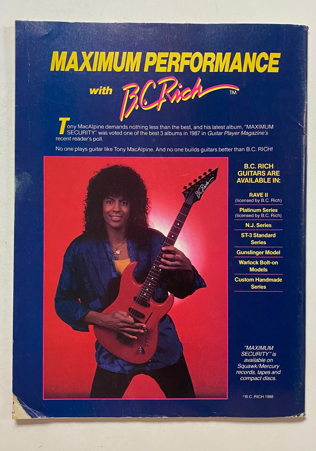 Back cover of Guitar for the Practicing Musician Magazine May 1988 featuring B.C. Rich guitars and guitarist Tony MacAlpine.