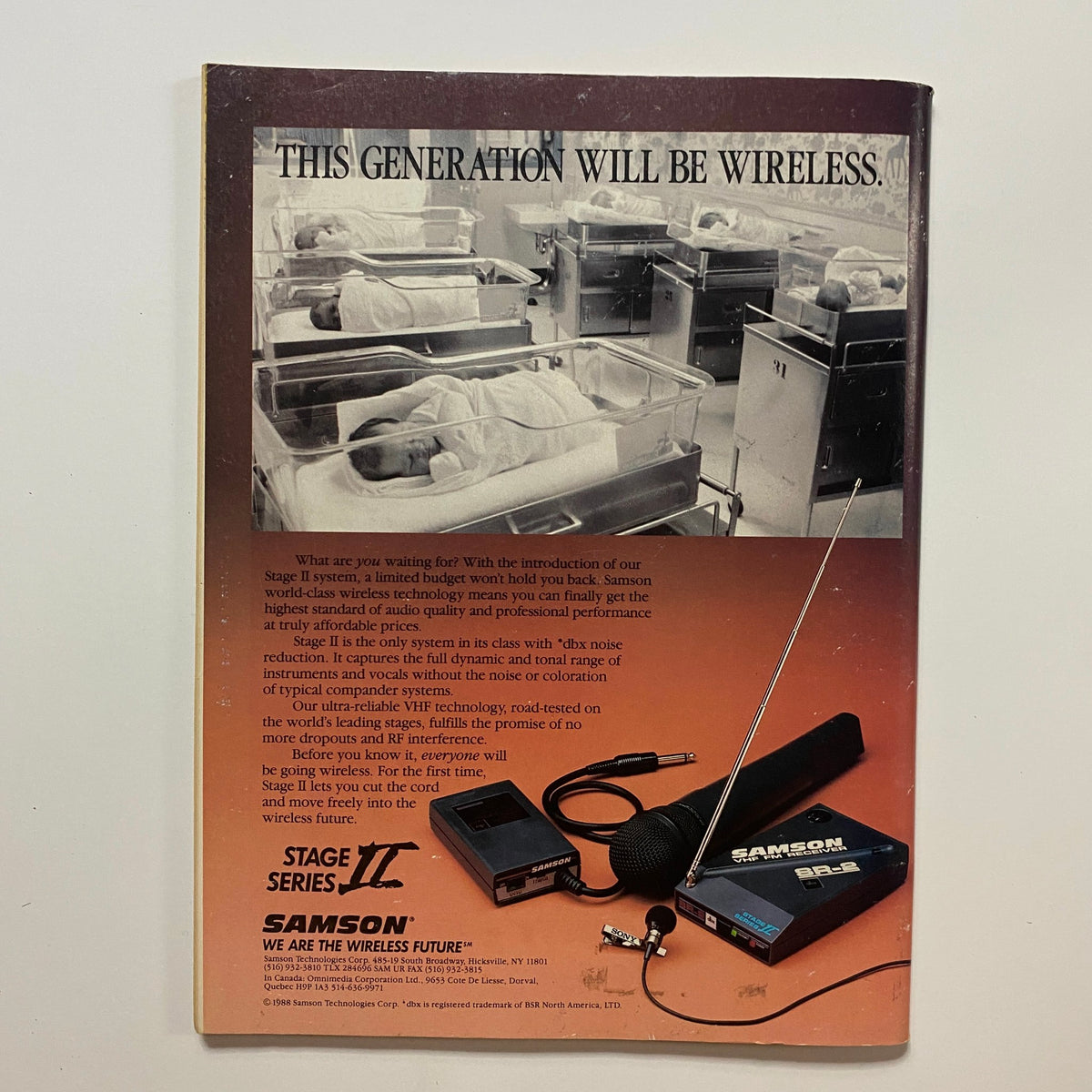 Guitar for the Practicing Musician Magazine July 1988 showing the back cover advertisement for Samson wireless technology with a nostalgic black and white image of infants in cribs, reflecting the magazine's cultural context.