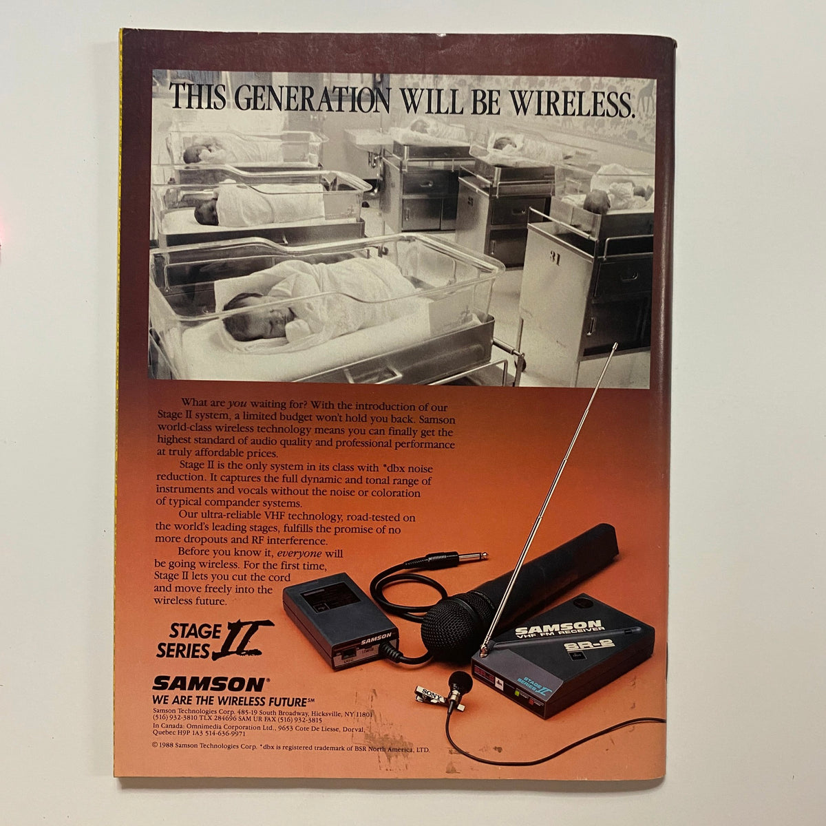 Advertisement in Guitar for the Practicing Musician Magazine September 1988 promoting wireless audio technology featuring a Samson wireless system surrounded by hospital cribs.