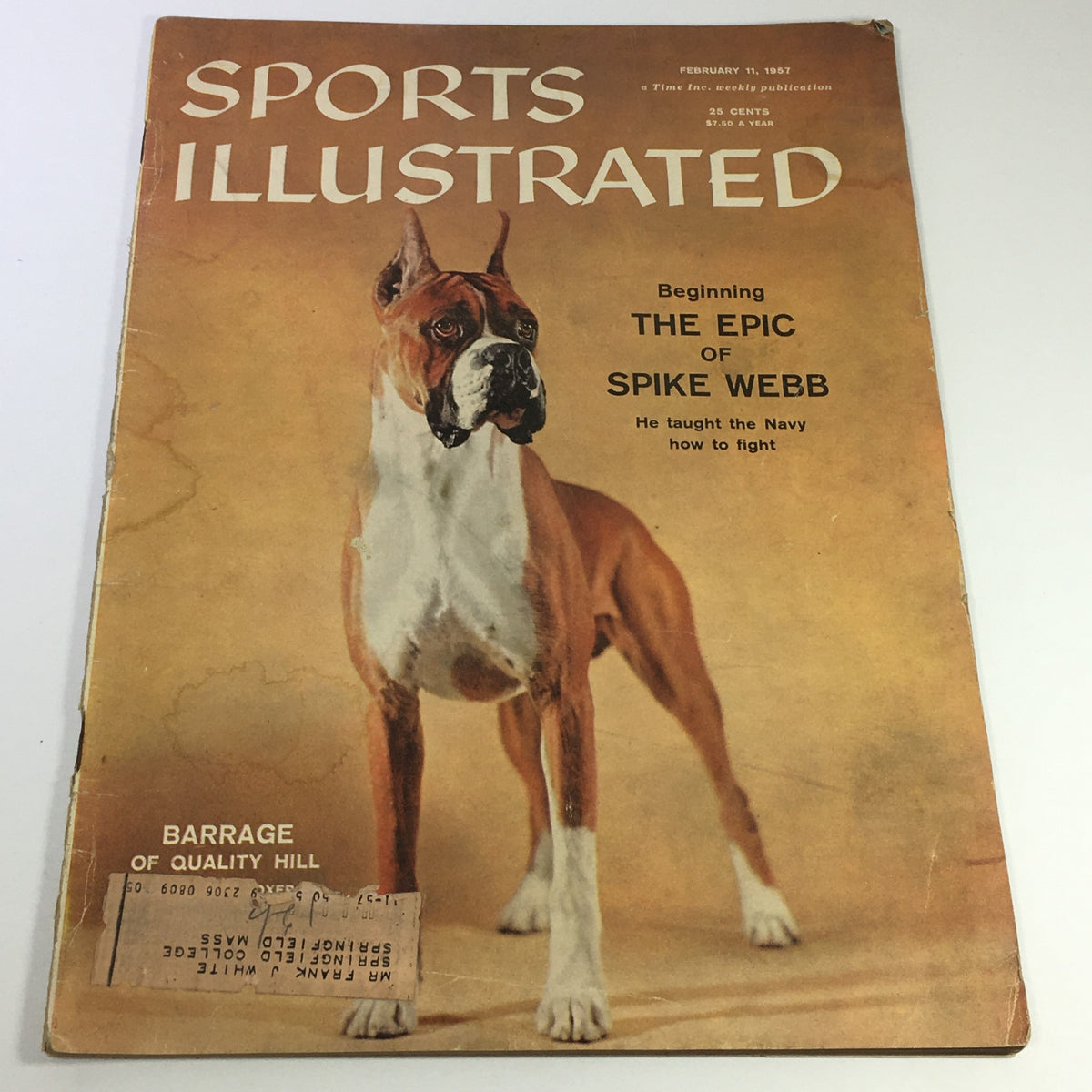 Cover of Sports Illustrated magazine dated February 11, 1957, featuring the title 'Beginning THE EPIC OF SPIKE WEBB' and an illustration of a Boxer dog.