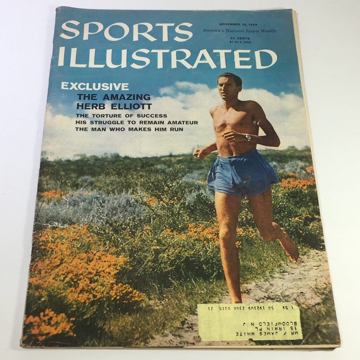 Vintage Sports Illustrated Magazine cover from November 10, 1958, featuring an exclusive story on The Amazing Herb Elliott, an iconic middle-distance runner. The cover illustrates a photograph of Elliott running in a natural setting, showcasing the sports culture of the late 1950s.