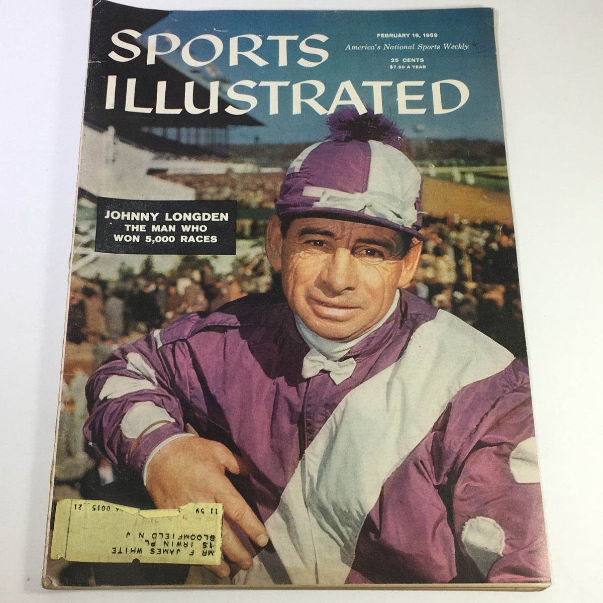 Cover of Sports Illustrated magazine dated February 16, 1959, featuring Johnny Longden, the legendary jockey who won 5,000 races, showcasing vibrant colors and iconic sports journalism.