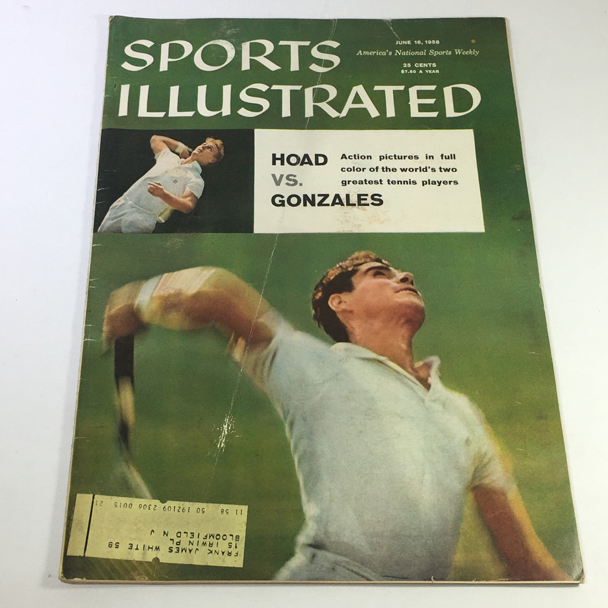 Cover of Sports Illustrated Magazine dated June 16, 1958, featuring Lew Hoad vs Pancho Gonzales, showcasing action pictures of two legendary tennis players in vibrant color.