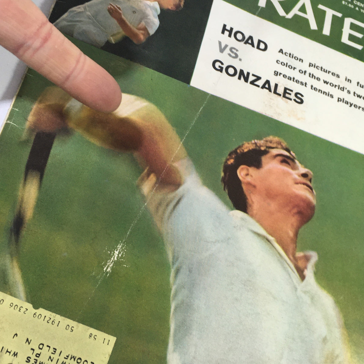 Close-up of Sports Illustrated Magazine June 16 1958 highlighting the matchup between Lew Hoad and Pancho Gonzales with action photos of the tennis players.