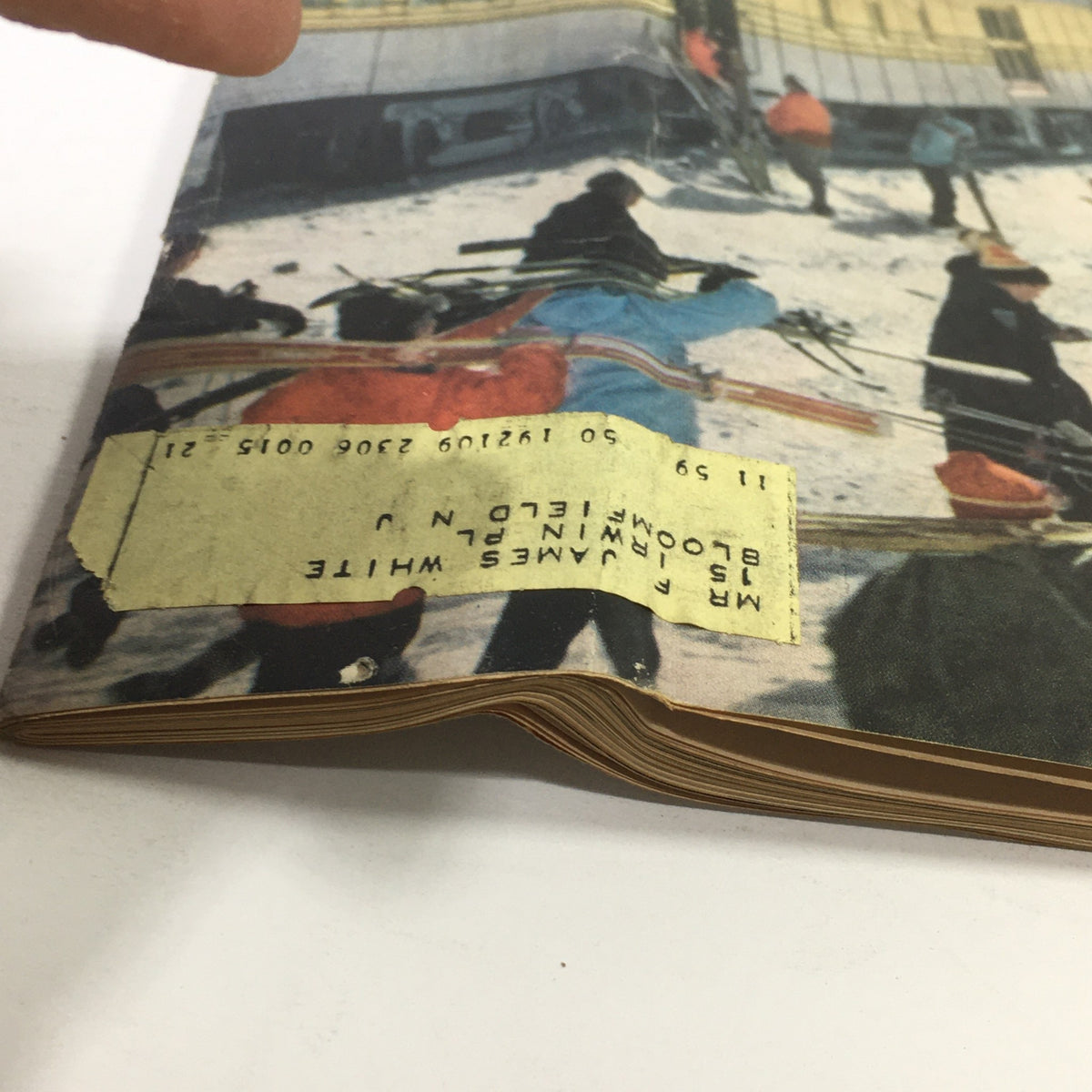 Bottom view of the VTG Sports Illustrated Magazine from February 9, 1959, highlighting a vintage address label along with a snowy scene featuring winter sports activities.
