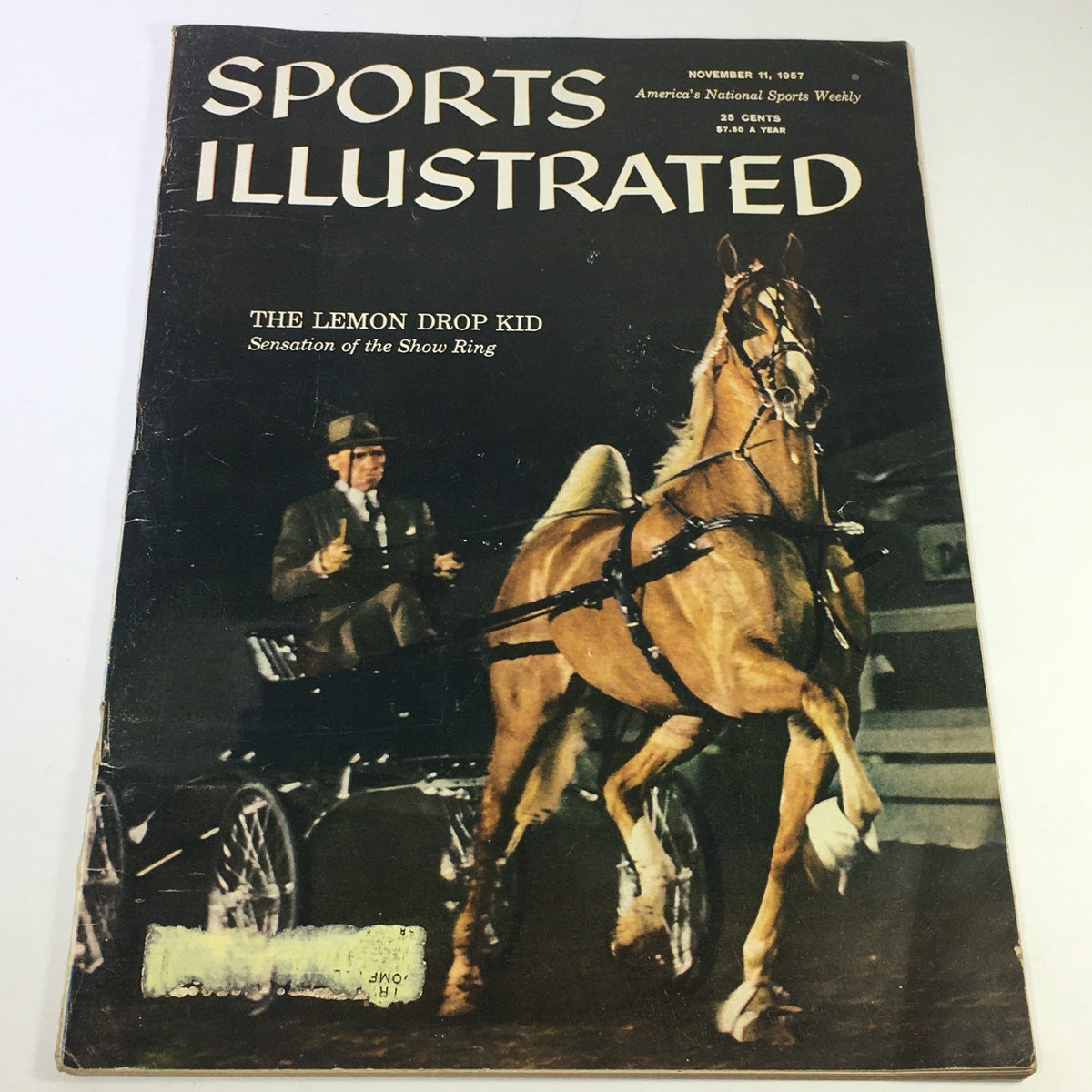 Vintage Sports Illustrated Magazine cover from November 11, 1957 featuring The Lemon Drop Kid, showcasing a horse and carriage with a man in a suit.