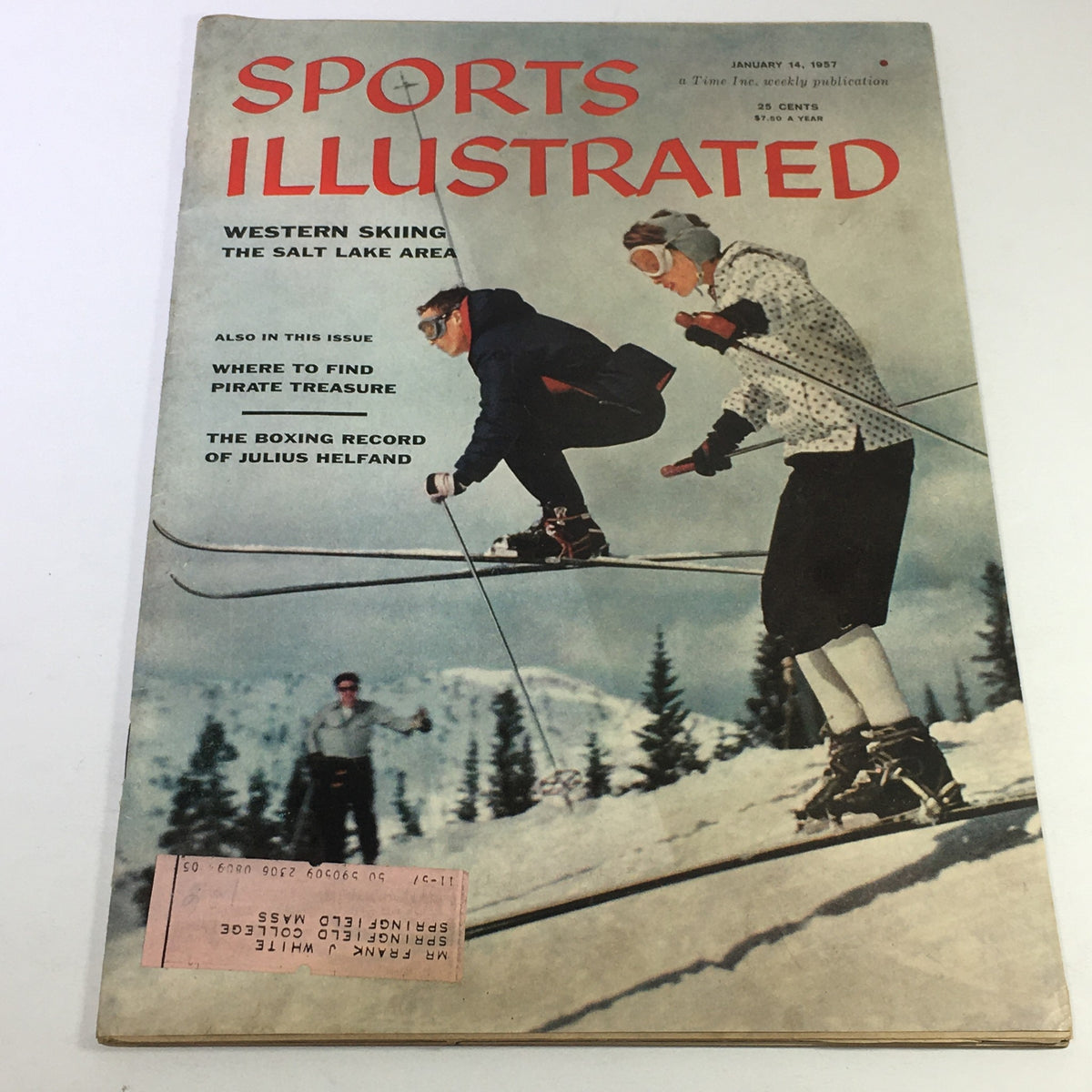 Cover of VTG Sports Illustrated Magazine January 14 1957 featuring skiing and the boxing record of Julius Helfand. The vintage magazine showcases winter sports and is an essential collectible for fans of 1950s sports history.