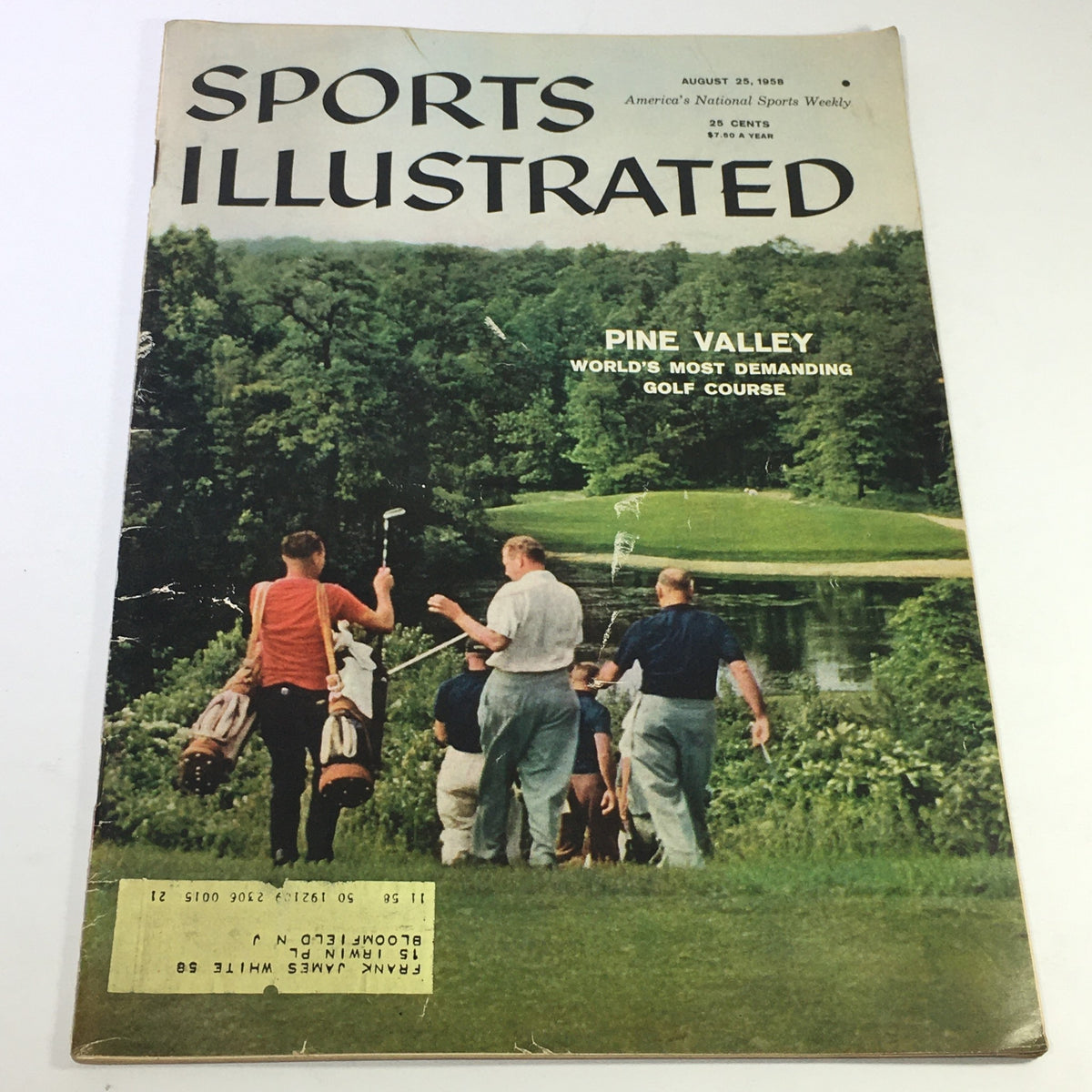Vintage Sports Illustrated Magazine from August 25, 1958, featuring Pine Valley Golf Course on the cover with a group of golfers walking towards the course.