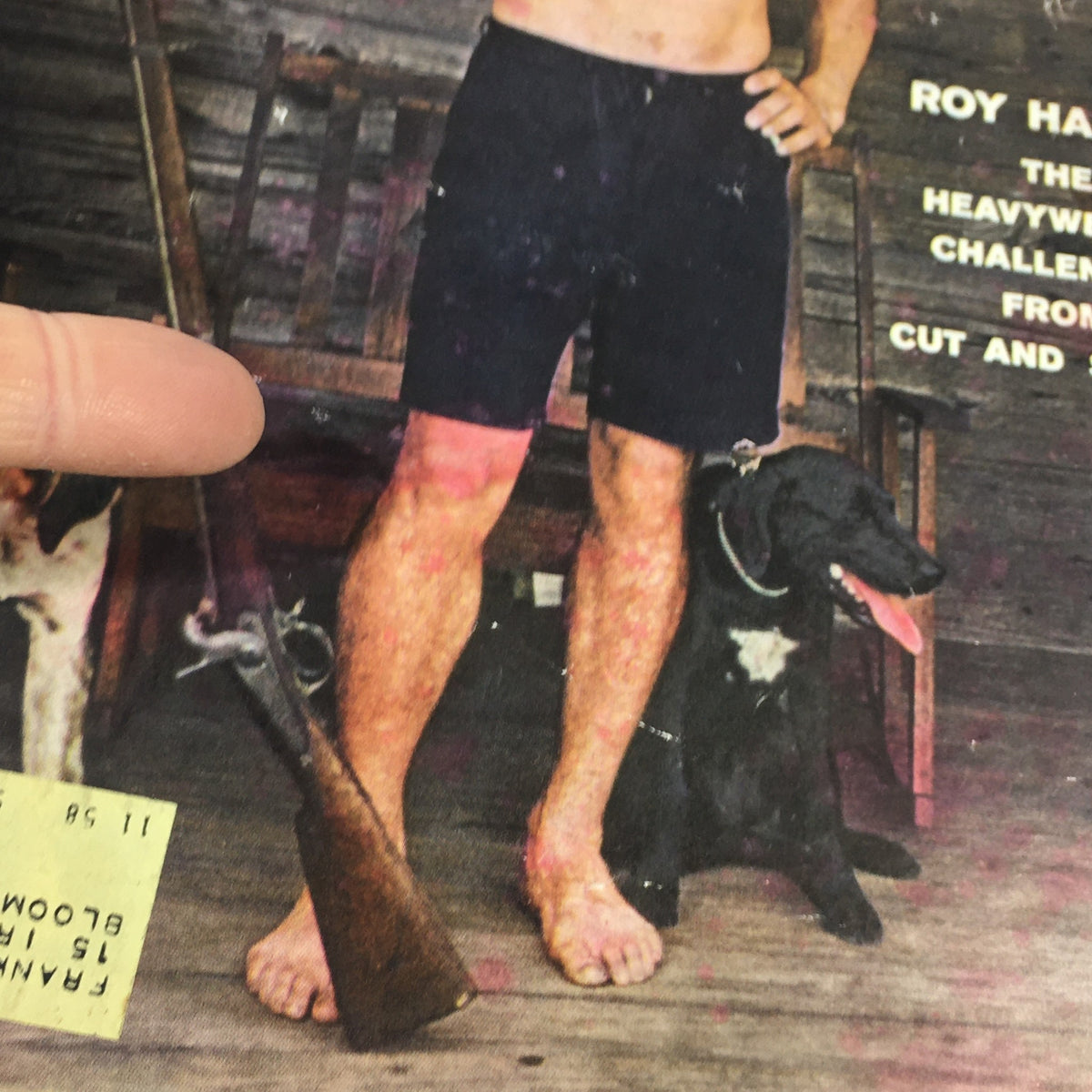 Detailed view of the Sports Illustrated Magazine cover from August 18, 1958 showing Roy Harris, heavyweight challenger, holding a rifle, with a black dog beside him.