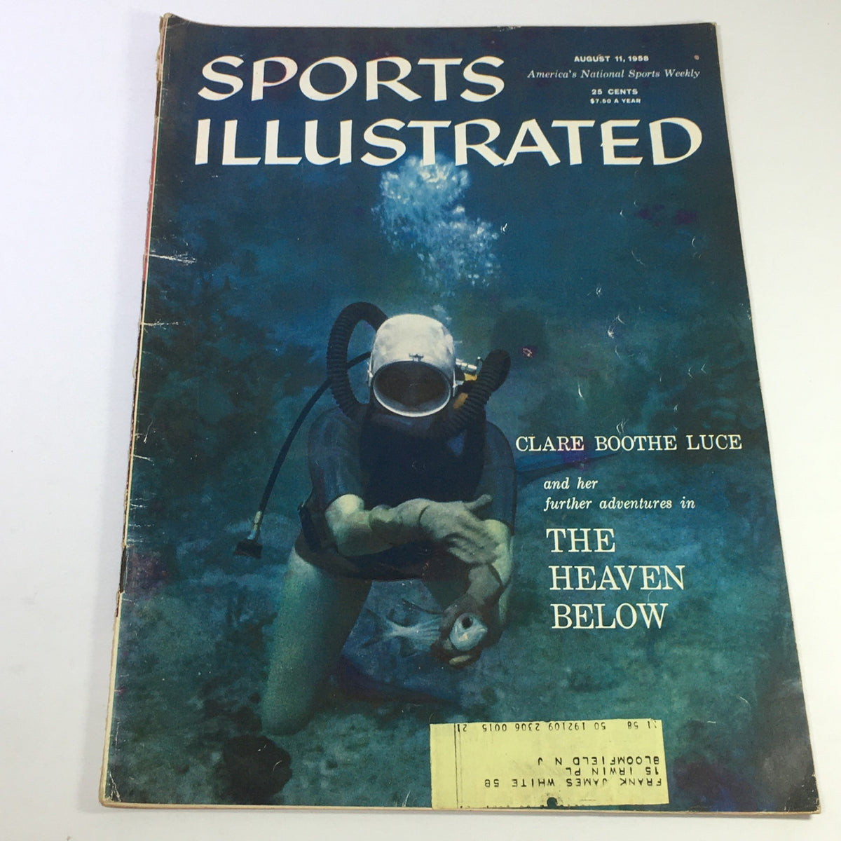 Cover of the Sports Illustrated Magazine from August 11, 1958, featuring Clare Boothe Luce in an underwater scene, highlighting the article titled 'Heaven Below'.
