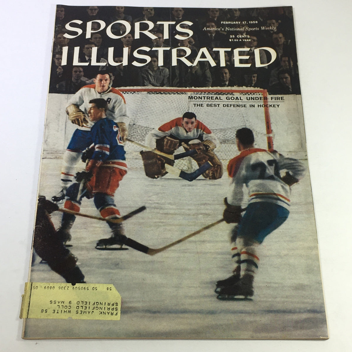 Cover of the February 17, 1958 Sports Illustrated Magazine featuring the headline 'Montreal Goal Under Fire' showcasing intense hockey action with players on the ice.