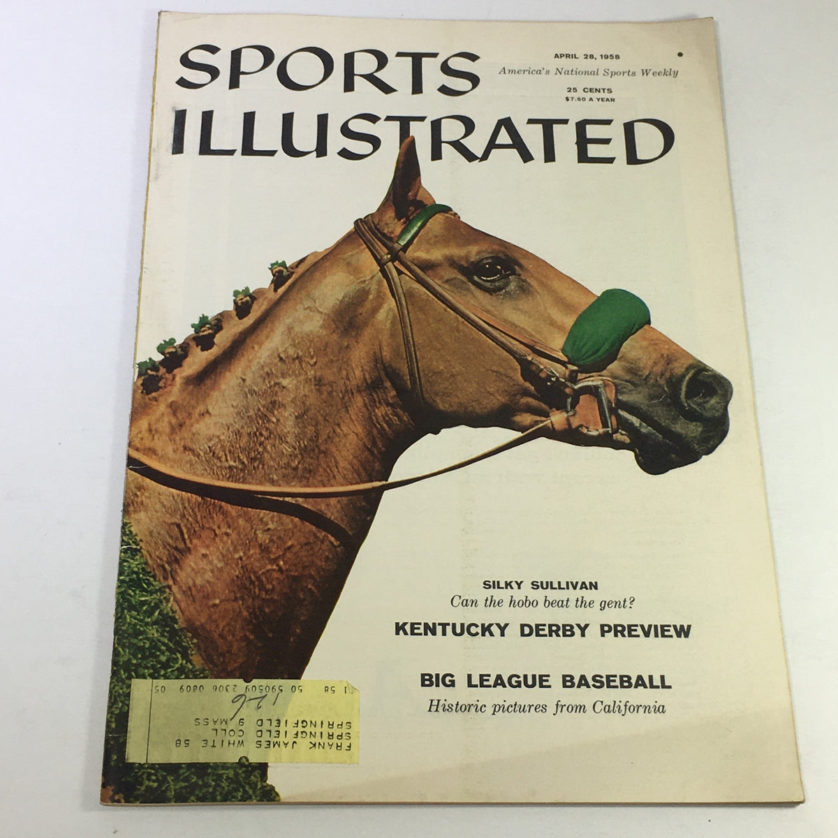 Sports Illustrated Magazine from April 28, 1958 featuring Silky Sullivan and the Kentucky Derby, showcasing a close-up of a horse's face with a green blindfold and a vintage address label on the cover.