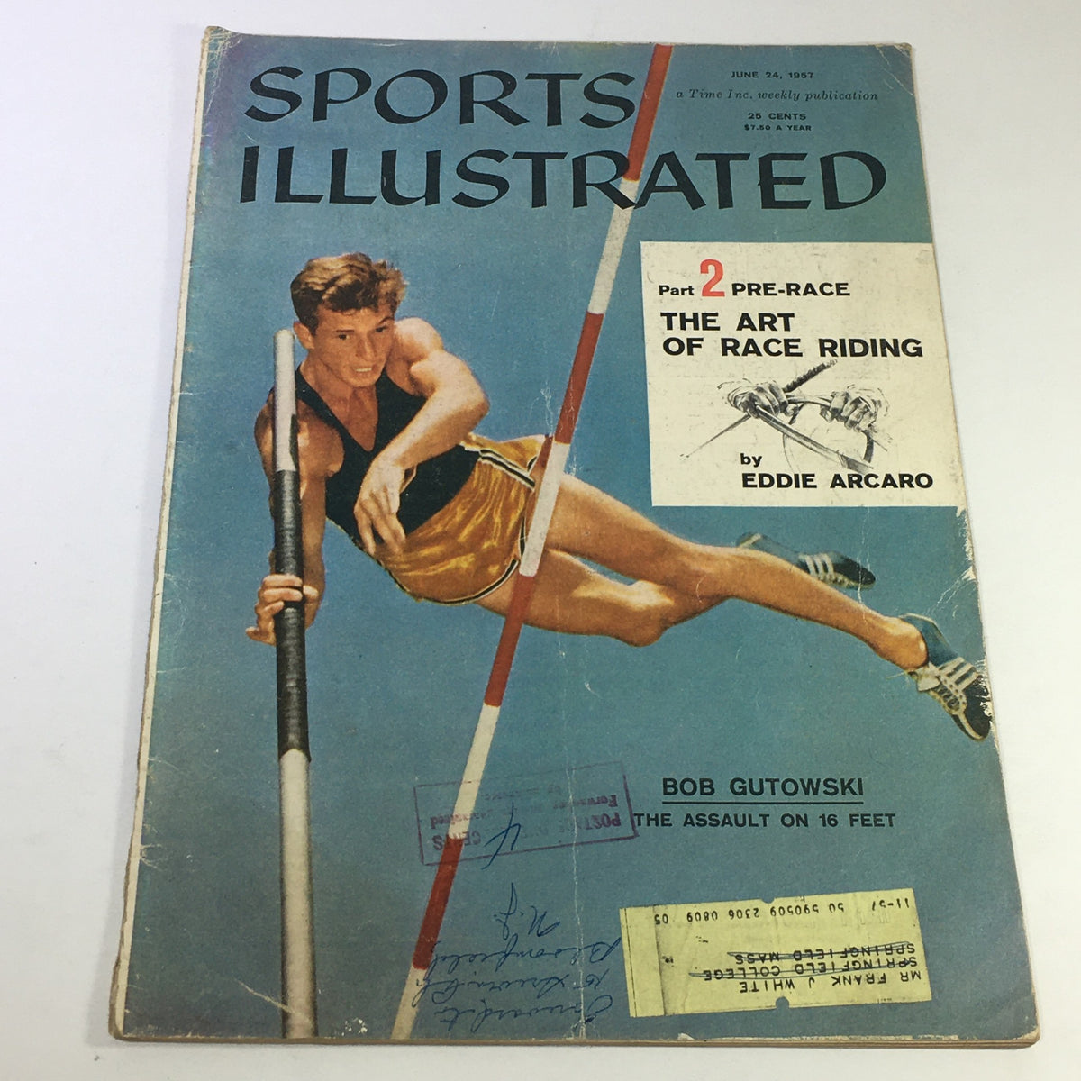 Vintage Sports Illustrated Magazine from June 24, 1957 featuring Bob Gutowski and Eddie Arcaro on the cover, showcasing sports history and iconic athletes.
