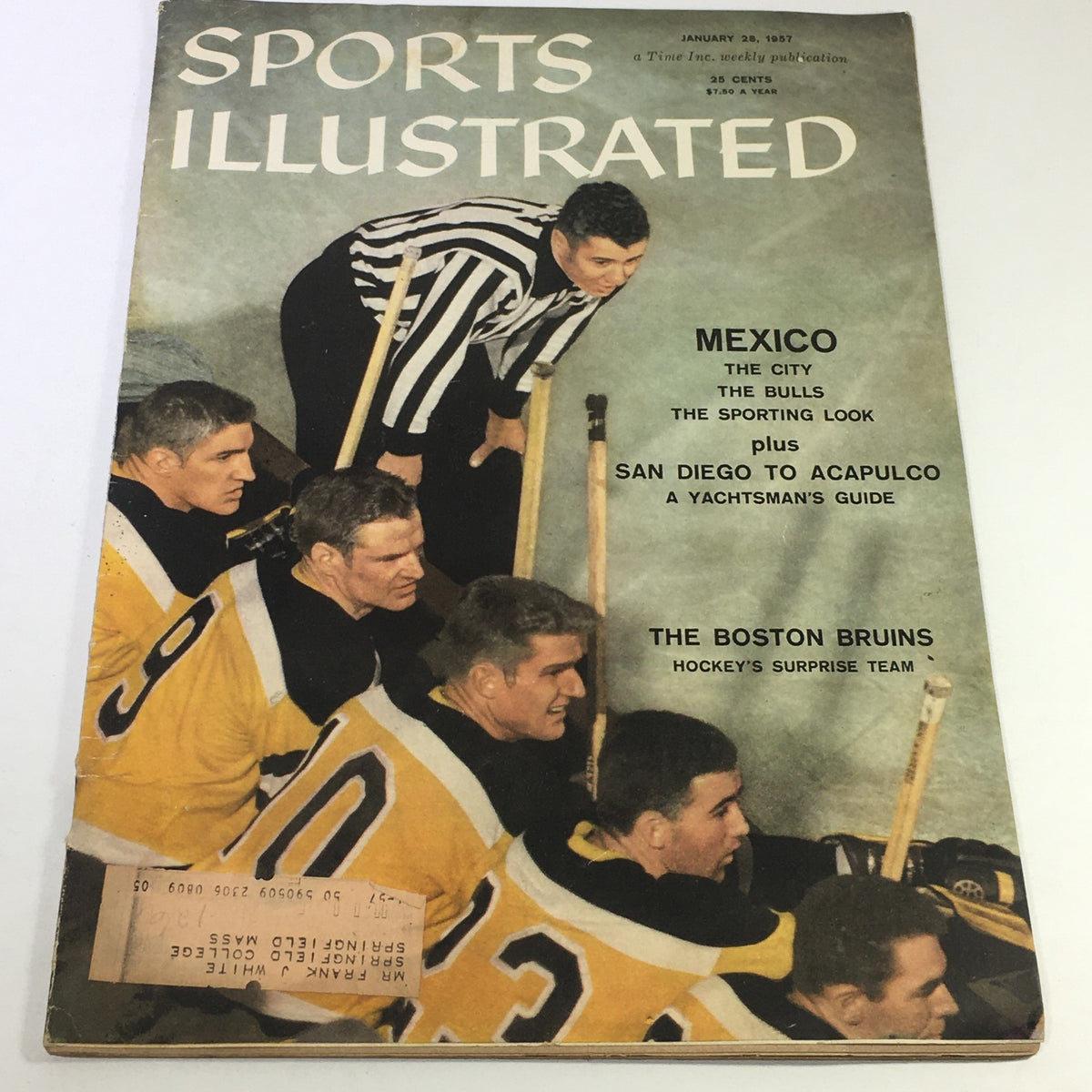 Vintage Sports Illustrated Magazine from January 28, 1957 featuring the Boston Bruins Hockey Team on the cover, showcasing players in team jerseys and a referee.