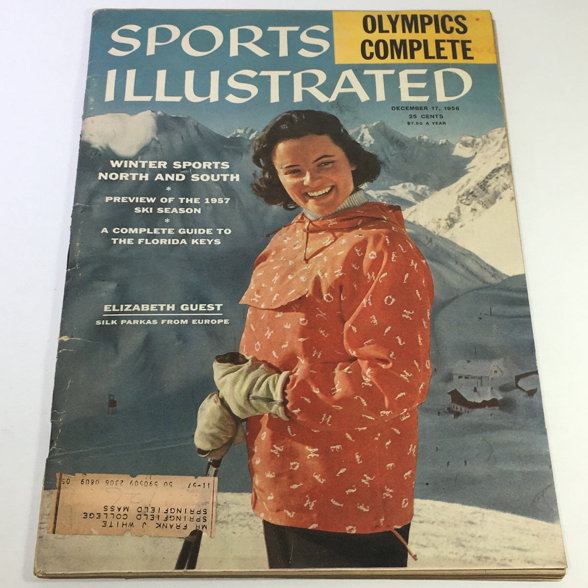 Cover of Sports Illustrated magazine from December 17, 1956, featuring Elizabeth Guest in winter attire, promoting Olympic sports, with highlighted sections on winter sports, ski previews, and the Florida Keys.
