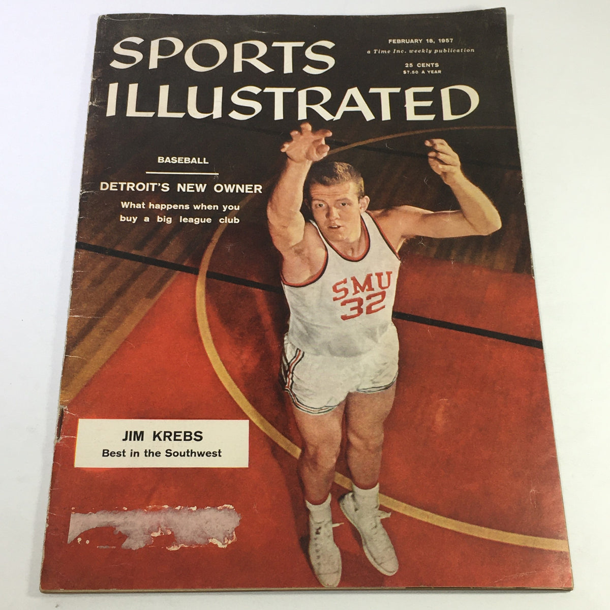 Sports Illustrated Magazine cover from February 18, 1957, featuring Jim Krebs, recognized as the best in the Southwest. The vintage magazine showcases a basketball player in action, reflecting the athletic spirit of the 1950s.