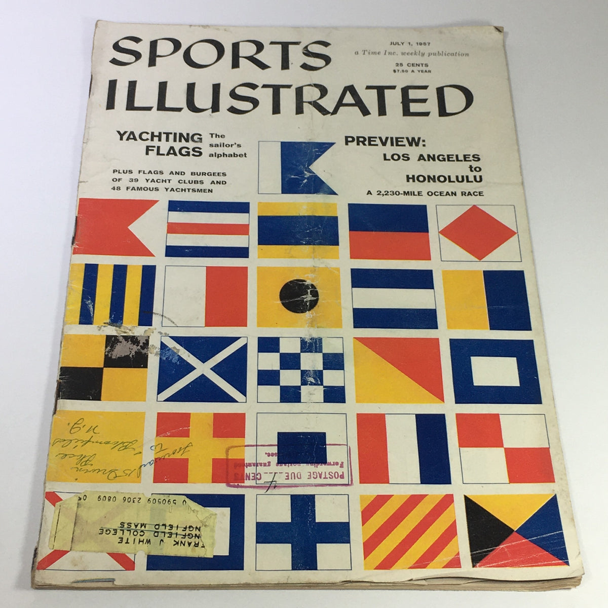 Cover of VTG Sports Illustrated Magazine July 1 1957 featuring yachting flags and the sailor's alphabet, showcasing colorful nautical signal flags and text that highlights the magazine's focus on sailing culture.
