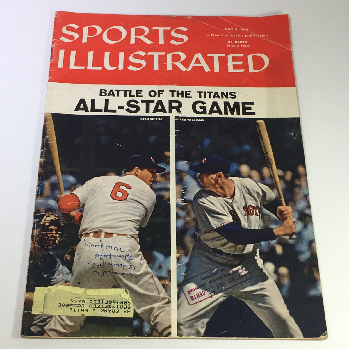 Cover of Sports Illustrated Magazine from July 8, 1957 featuring Stan Musial and Ted Williams, showcasing the All-Star Game with a colorful layout and vintage aesthetic.