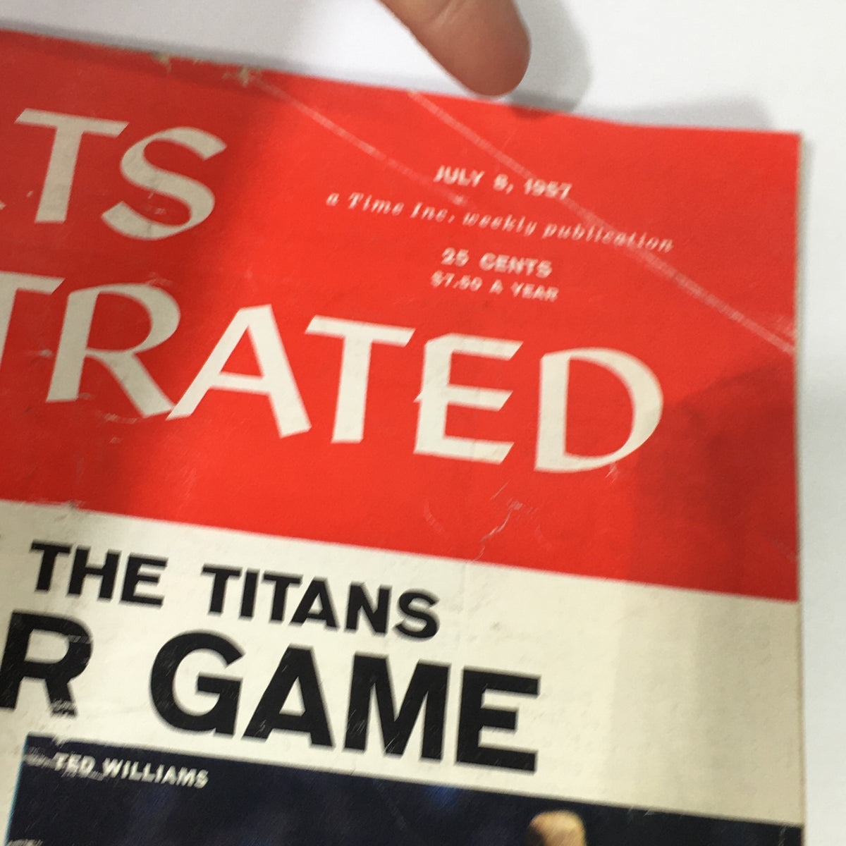 Close-up of the Sports Illustrated Magazine title and publication details from July 8, 1957, highlighting the iconic sports publication.