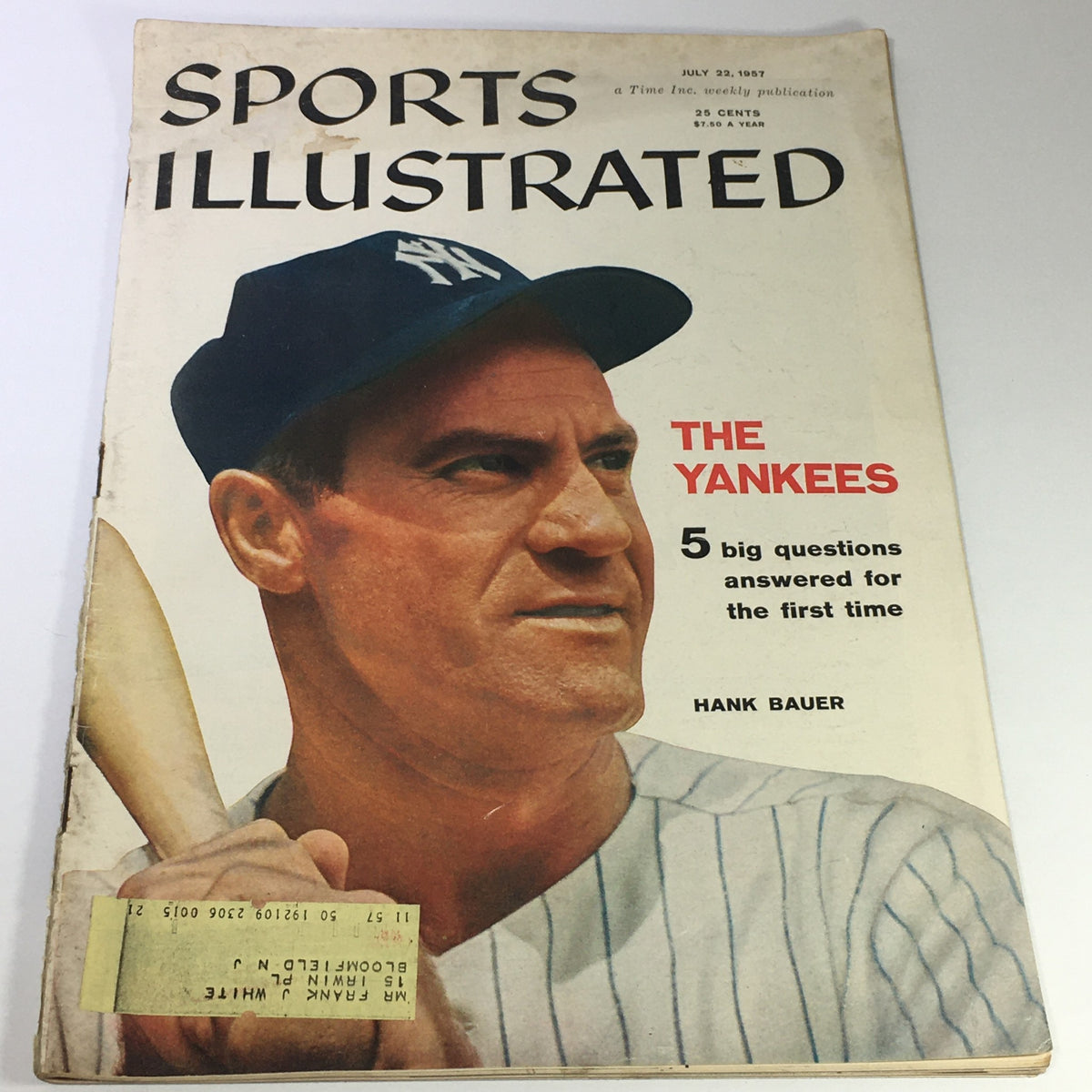 Cover of Sports Illustrated Magazine from July 22, 1957 featuring Yankees' Hank Bauer with a baseball bat, showcasing vintage sports memorabilia.