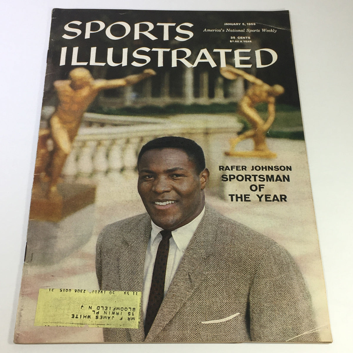 VTG Sports Illustrated Magazine January 5 1959 featuring Rafer Johnson on the cover, highlighting him as Sportsman of the Year against a backdrop of classic 1950s aesthetics.