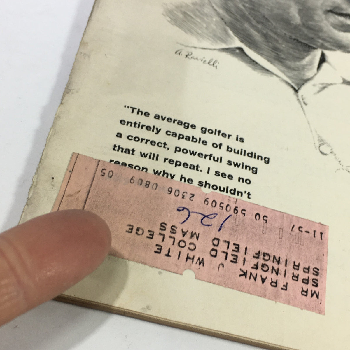 Close-up of the back cover of the VTG Sports Illustrated Magazine March 11 1957, showing a quote about golf along with an address label that adds vintage character.