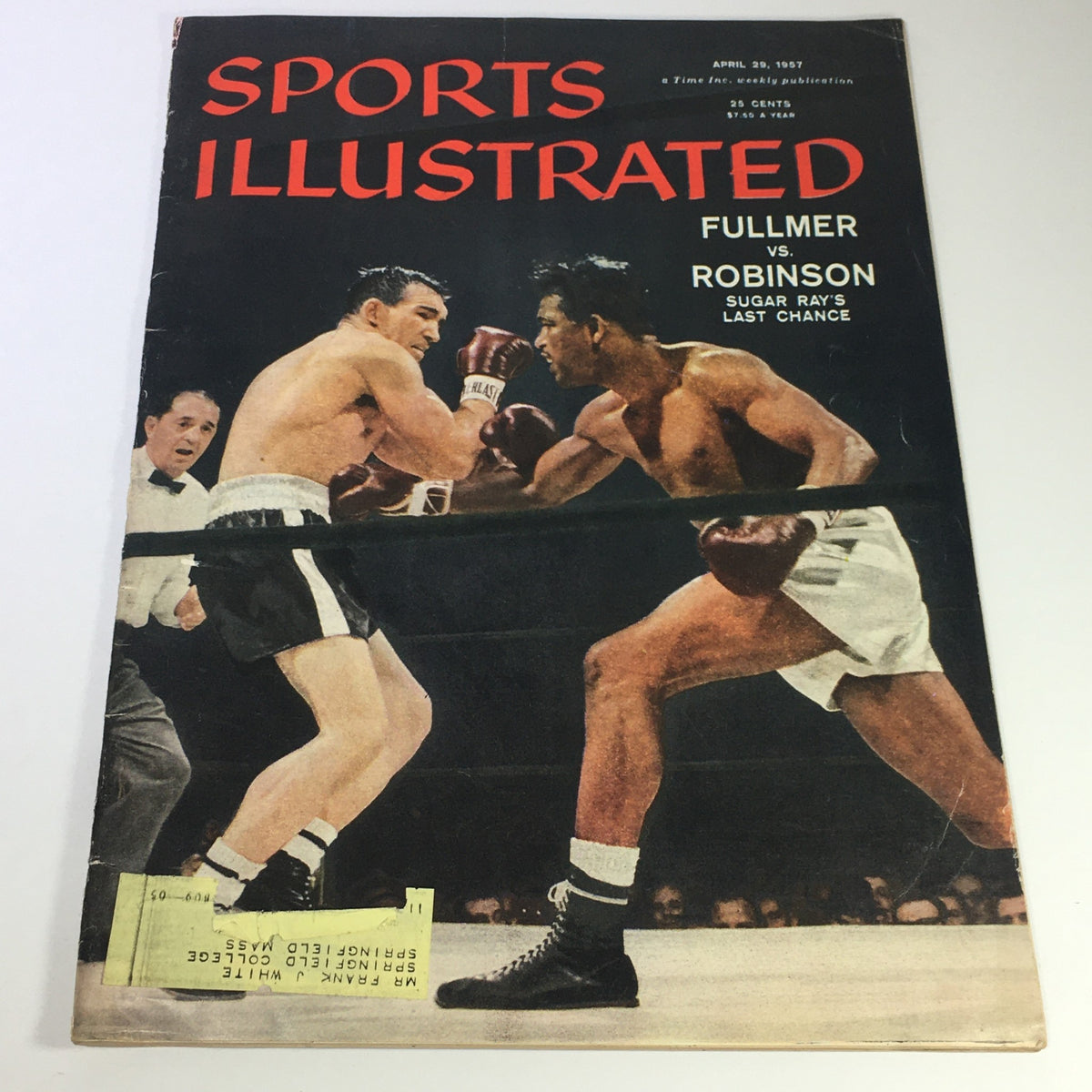 Vintage Sports Illustrated Magazine from April 29, 1957 featuring Gene Fullmer vs Ray Robinson. Cover showcases a dramatic boxing match scene, highlighting two legendary fighters poised for action.