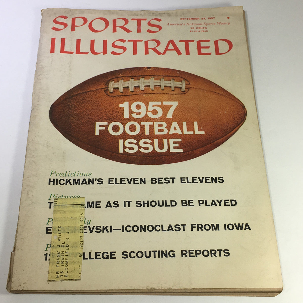 Vintage Sports Illustrated Magazine Cover from September 23, 1957, featuring the 1957 Football Issue with a prominent football graphic, predictions for Hickman's Eleven Best Elevens, and articles including college scouting reports and a feature on Elroy Hirsch.