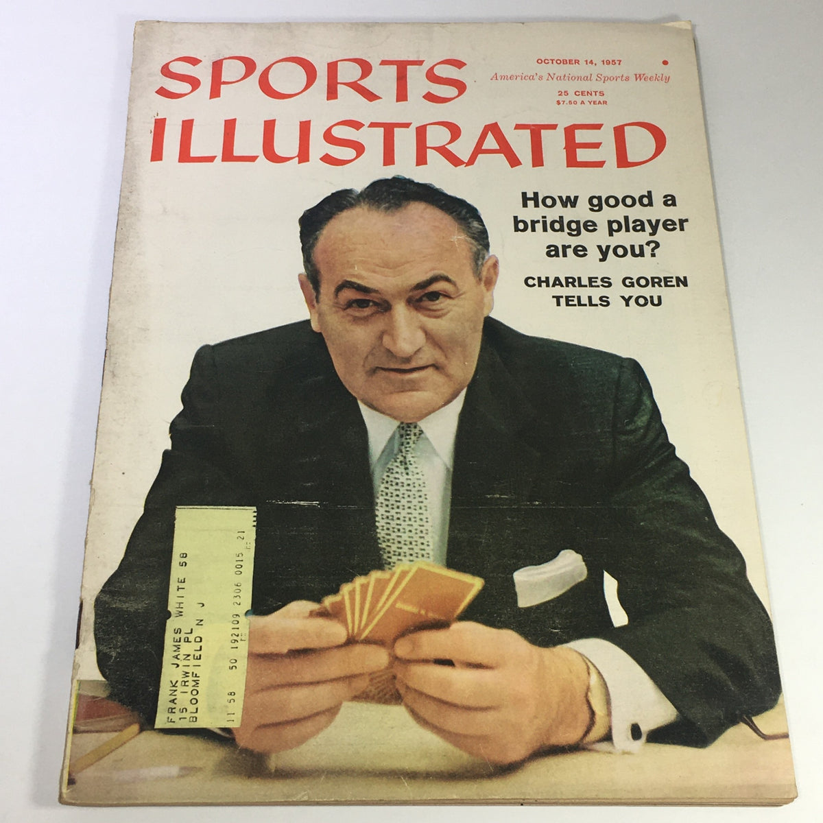 Vintage Sports Illustrated magazine cover from October 14, 1957, featuring Charles Goren with a bridge hand, titled 'How good a bridge player are you?'. Highlights the cultural significance of sports journalism in the 1950s.