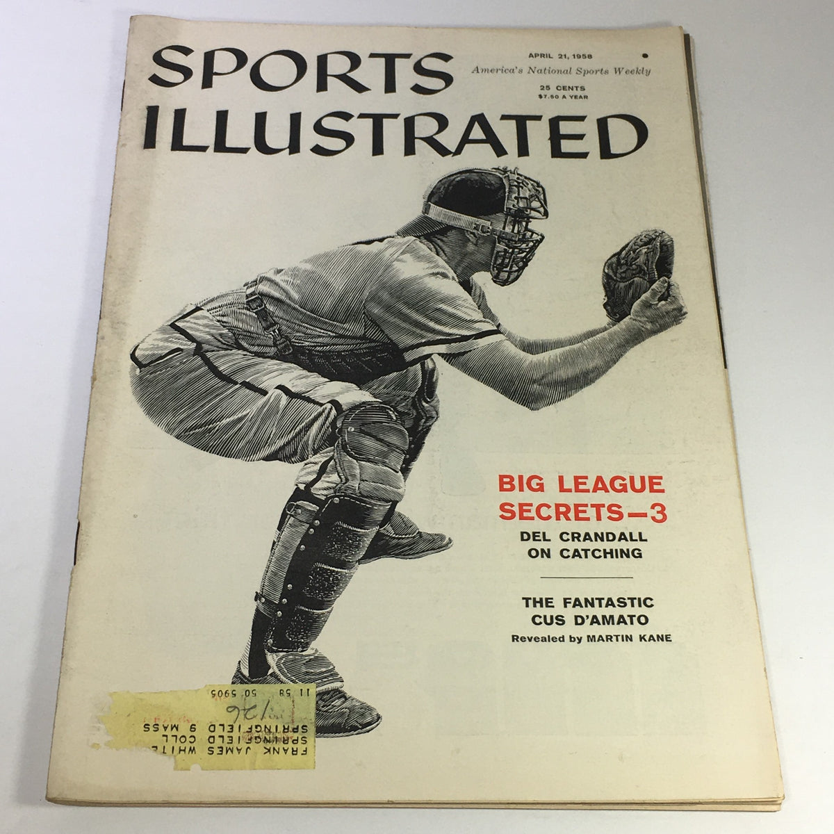 Cover of the VTG Sports Illustrated Magazine from April 21, 1958 featuring Del Crandall on catching and Cus D'Amato, showcasing historic sports memorabilia.
