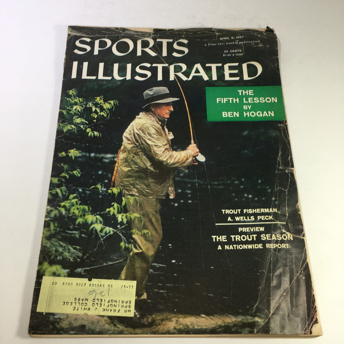 Cover of Sports Illustrated magazine from April 8, 1957, featuring the title 'The 5th Lesson by Ben Hogan', with an image of a middle-aged man fishing in serene surroundings.