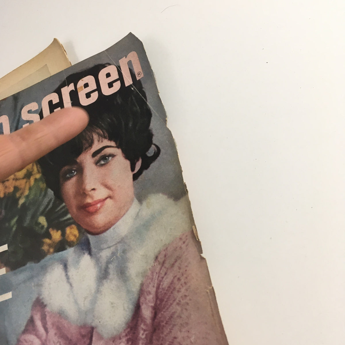 Close-up of the Modern Screen Magazine cover from July 1961, featuring Elizabeth Taylor with a floral design and text that reads 'Liz at Home'.