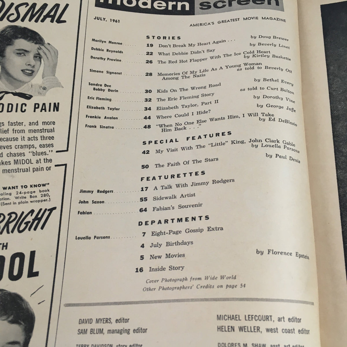 Table of contents page of Modern Screen Magazine from July 1961, listing articles and features including Elizabeth Taylor and Jimmy Rodgers.