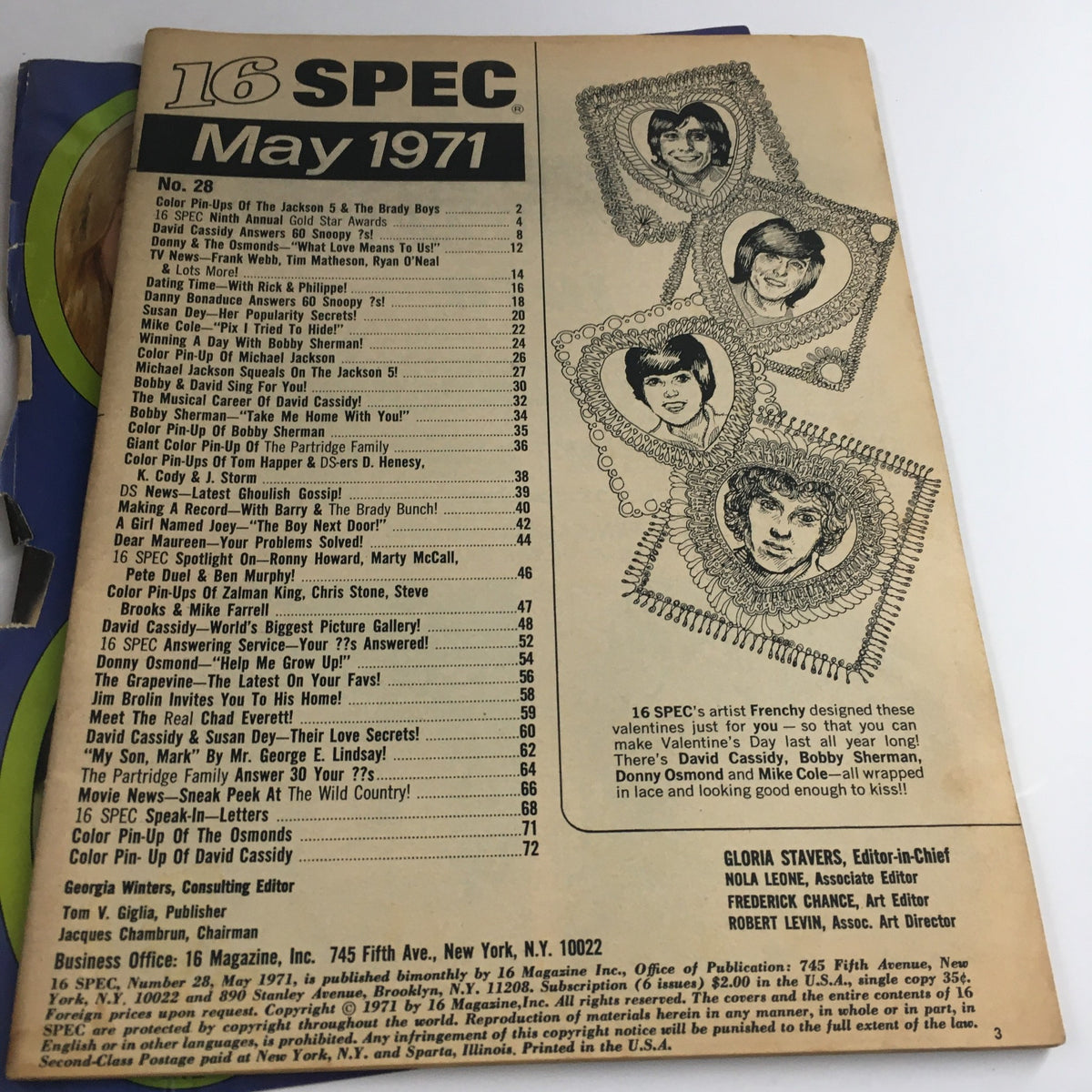 Back cover of 16 Spec Magazine May 1971 listing features and articles included in the magazine, emphasizing nostalgic details and vintage pop culture icons.