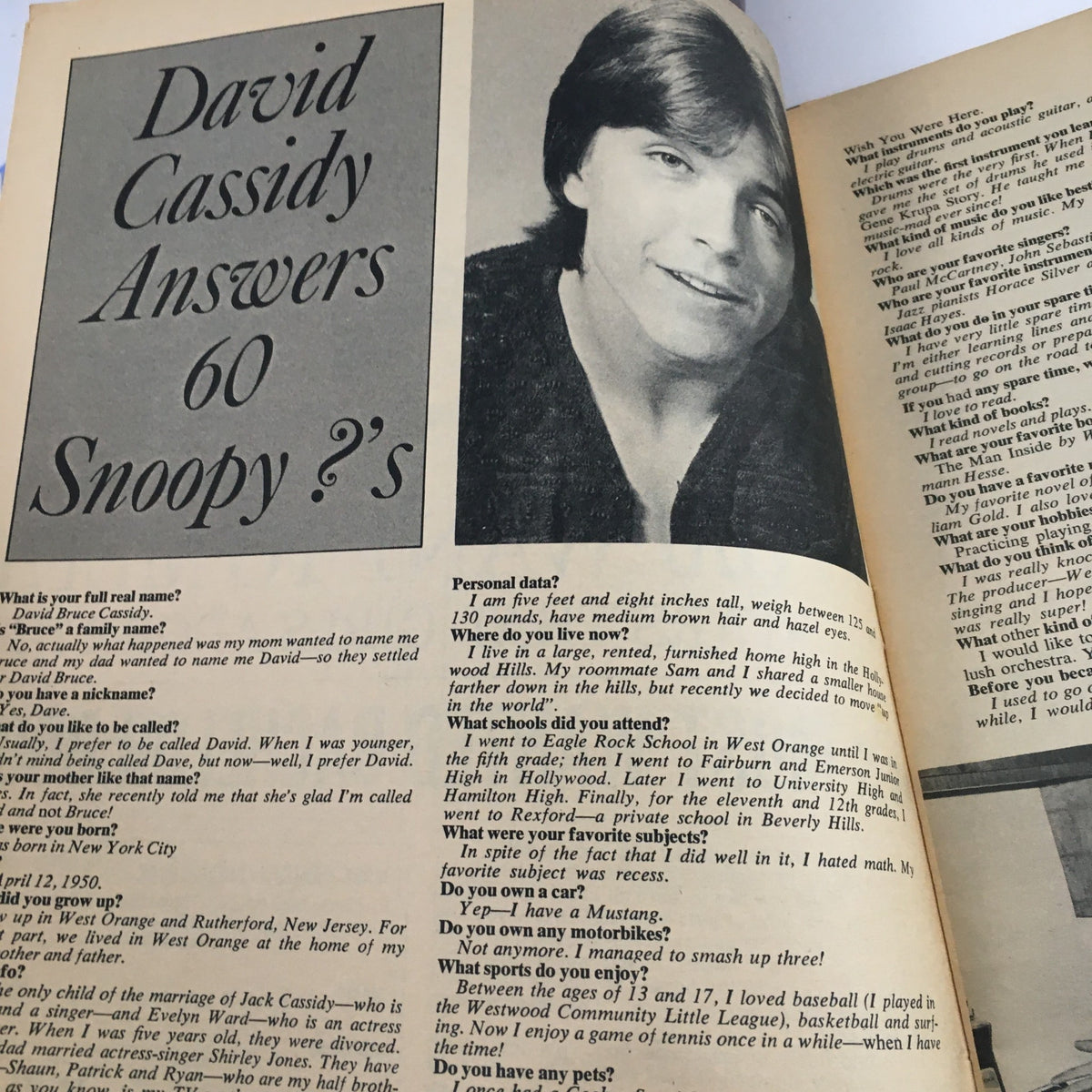 Interior page of 16 Spec Magazine May 1971 featuring an interview section titled 'David Cassidy Answers 60 Snoopy ?' providing insights into his personal life and career, highlighting the charm of the era.