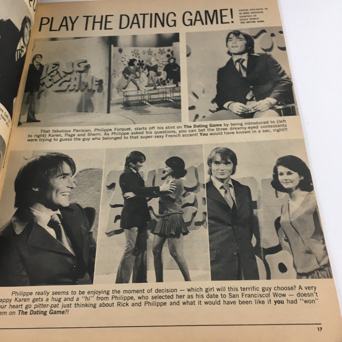 Image from the 16 Spec Magazine May 1971 featuring the dating game show with Philippe Forquet introducing contestants. Includes playful interactions between contestants and captures the essence of 70s pop culture.