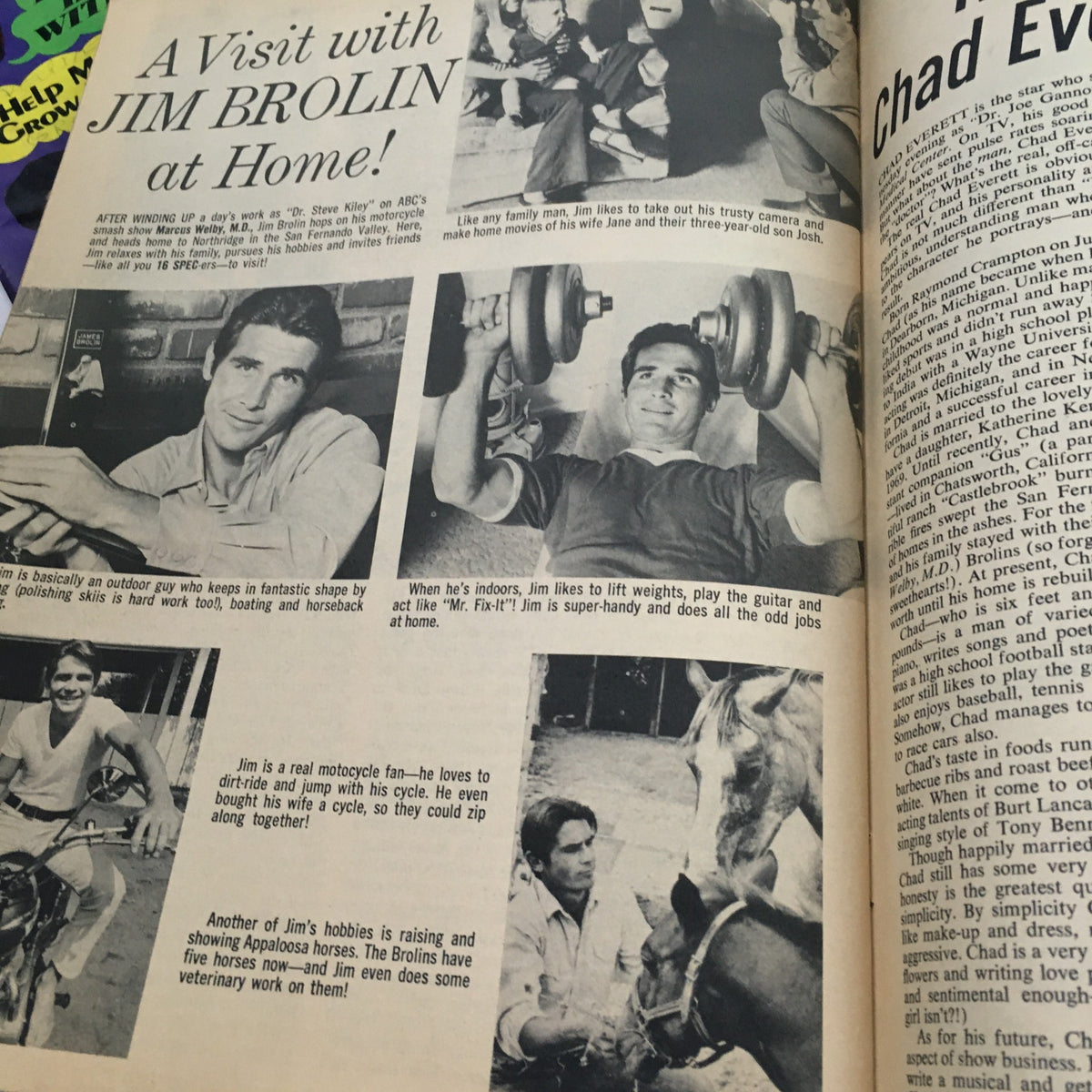 Image from the 16 Spec Magazine May 1971 featuring a home visit with Jim Brolin, displaying his hobbies including lifting weights and spending time with family and horses, reflecting the lifestyle of 70s stars.