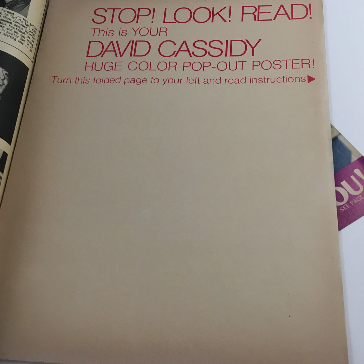 Instructions page in 16 Magazine June 1971 for the David Cassidy pop-out poster, instructing readers how to access the poster.