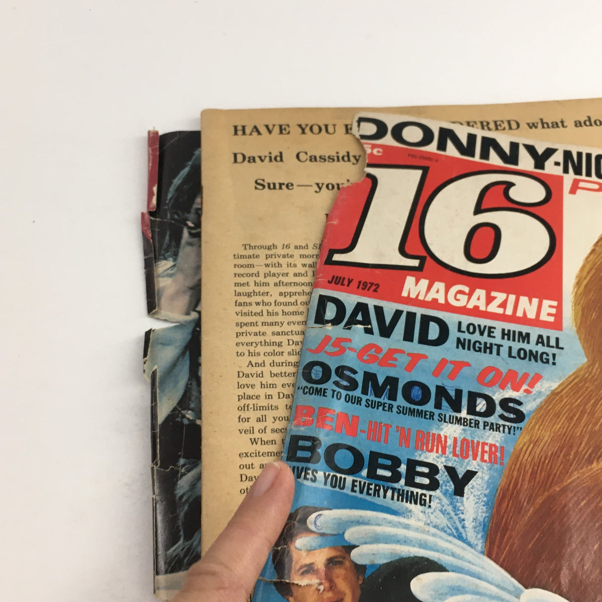 Cover image of the 16 Magazine July 1972 featuring David Cassidy, The Osmonds, and Bobby Sherman. Highlights include 'David love him all night long!' and a prominent center poster.