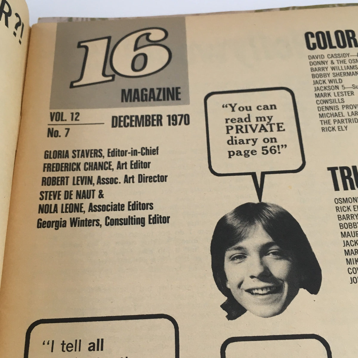 Inside page of the 16 Magazine December 1970 displaying the editorial team and a preview quote about reading a private diary, featuring a smiling image of a young boy.