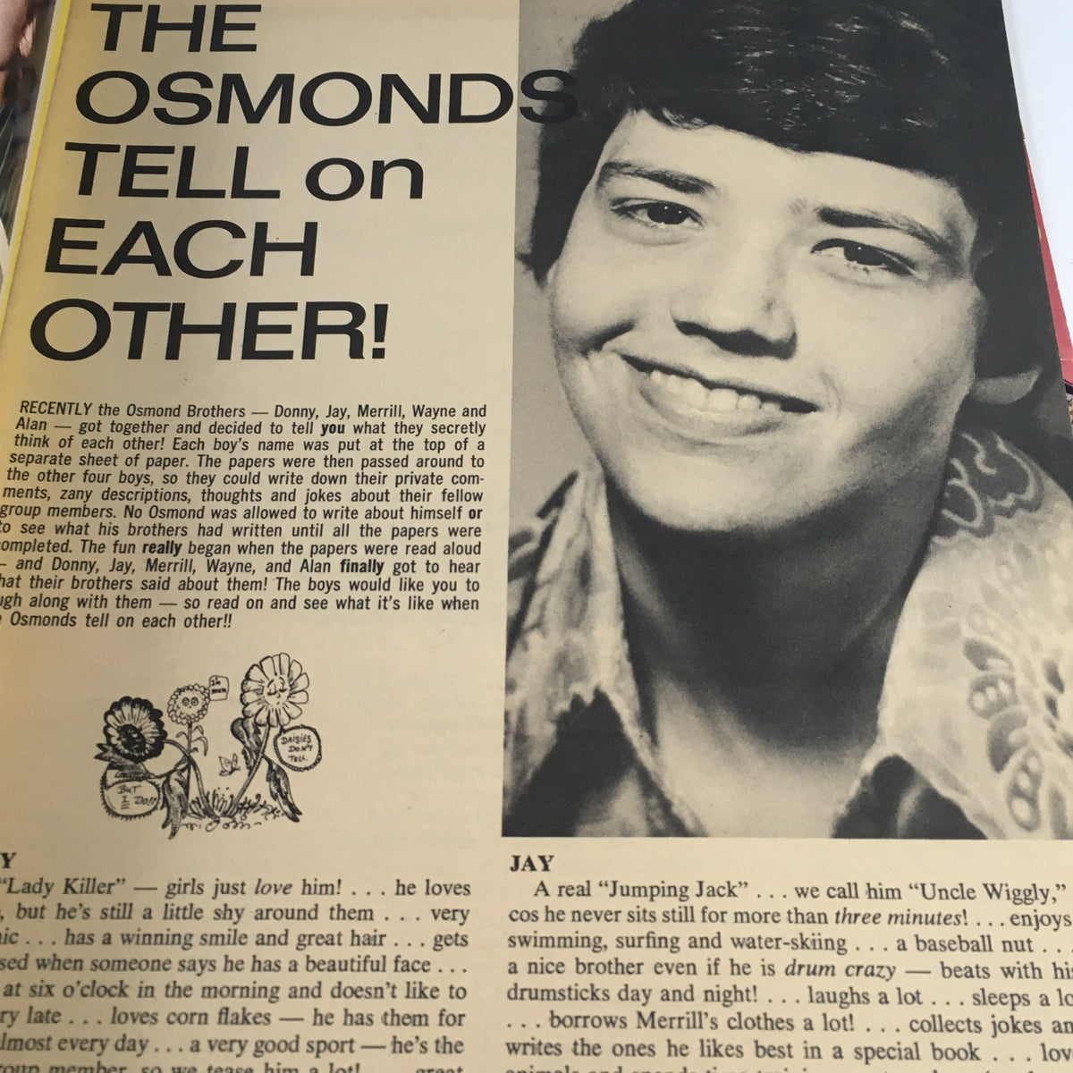Feature article page from the 16 Magazine December 1970 titled 'The Osmonds Tell on Each Other!', including photos and descriptions of the Osmond brothers' personal thoughts.