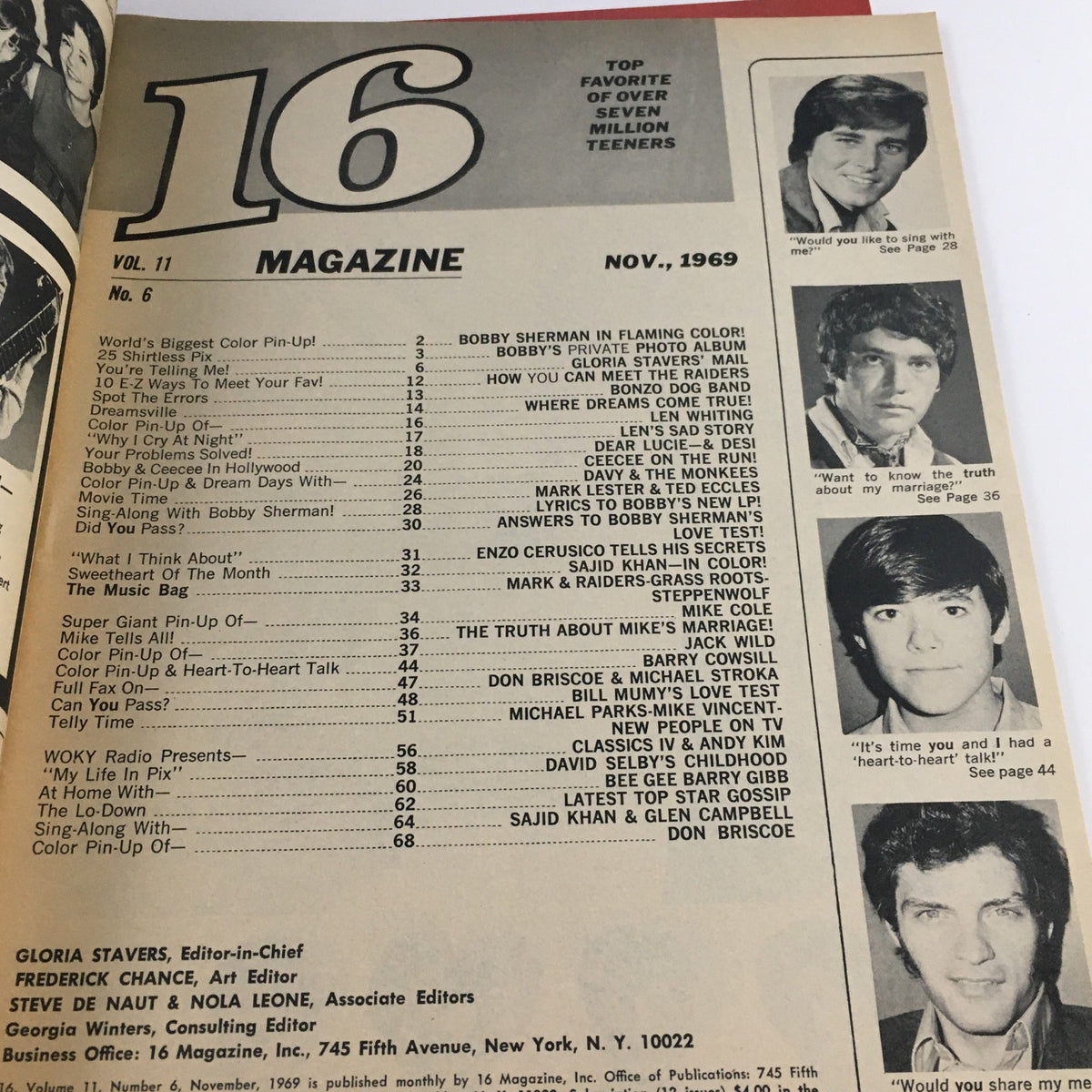 Page from 16 Magazine November 1969 featuring the table of contents and images of pop culture icons including Mike Cole, Barry Cowsill, and others, showcasing the magazine's focus on 1960s teen interests.