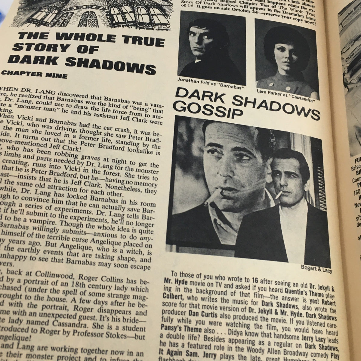 Feature on Dark Shadows in 16 Magazine November 1969, detailing the storyline and characters, reflecting the interest in horror television of the era.