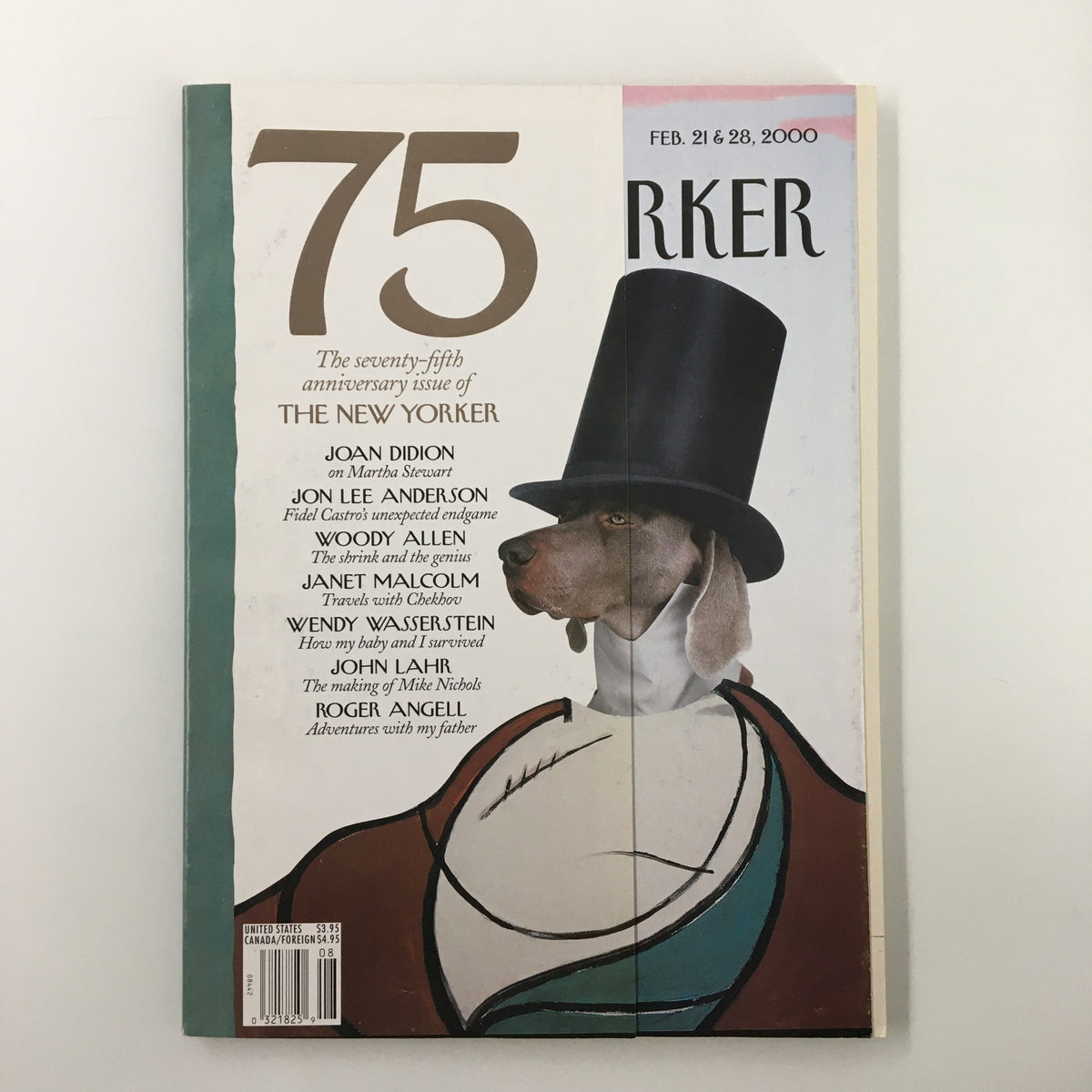 Cover of The New Yorker Full Magazine February 21, 2000, featuring a whimsical dog illustration in a top hat, celebrating the 75th anniversary of The New Yorker.