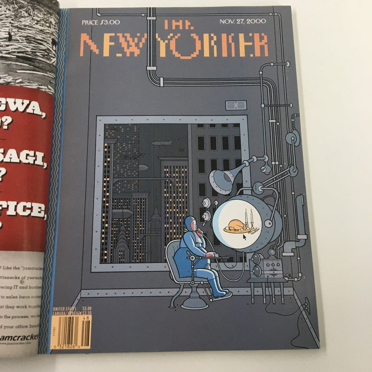 The New Yorker Full Magazine November 27 2000 back cover illustration showing a futuristic cityscape and technology, highlighting themes of innovation and progress.