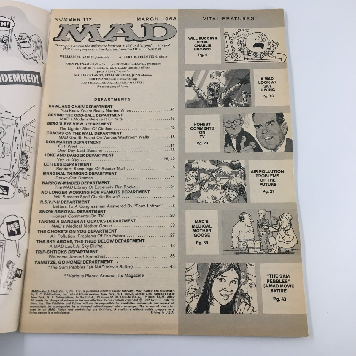 Inside page of Mad Magazine March 1968 No. 117 displaying the table of contents and featured articles, showcasing a variety of comedic topics.