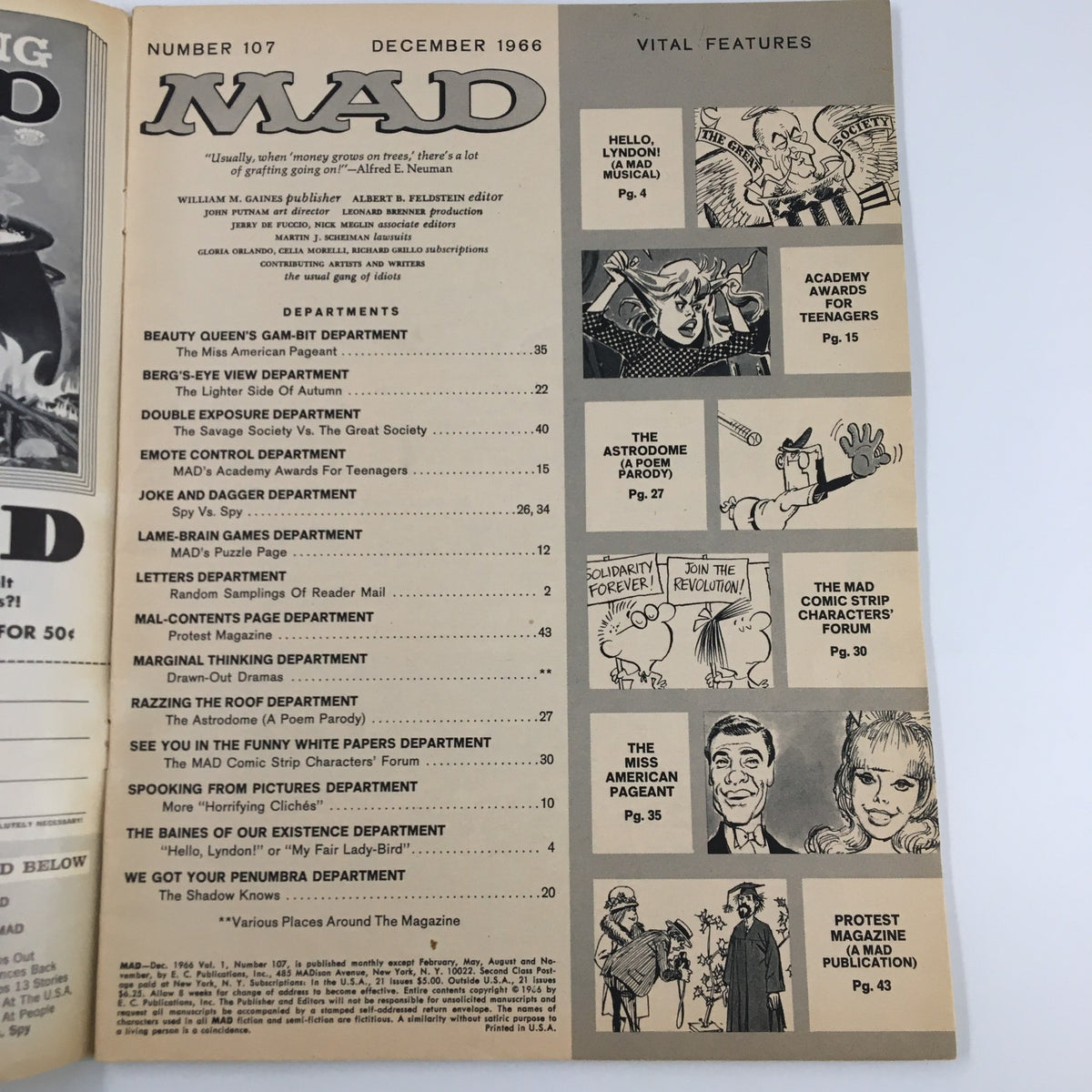 Inside page of Mad Magazine December 1966 Issue No. 107 displaying the table of contents and section highlights, showcasing various humorous features and parodies.
