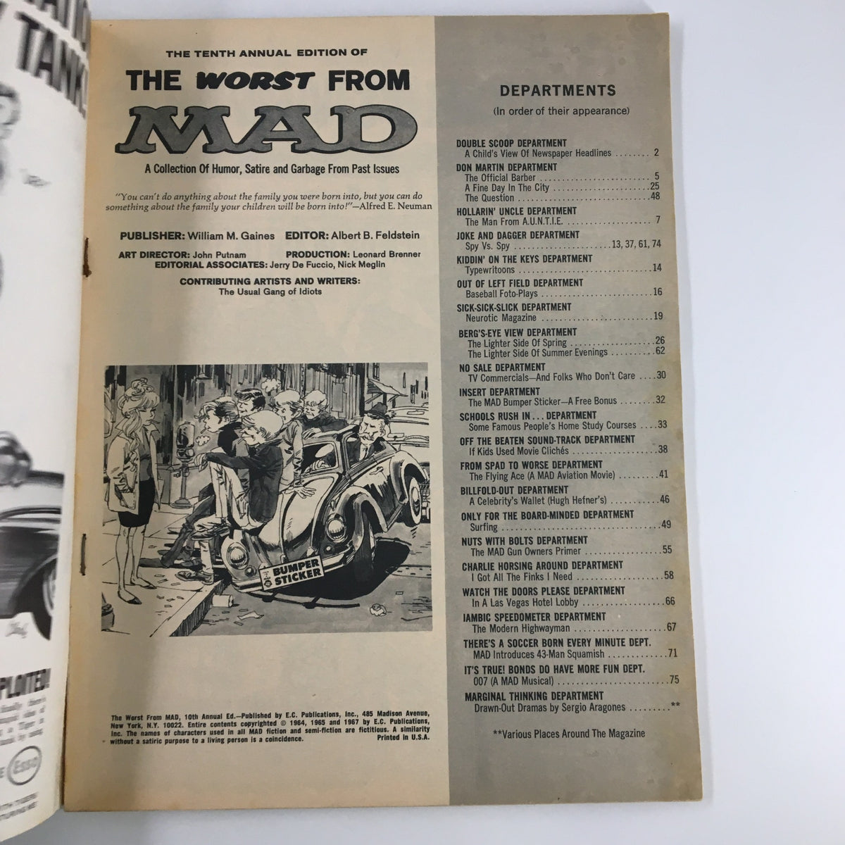 Interior page of Mad Magazine 1967 The Tenth Annual Edition of Worst from Mad showing the index and departments of the magazine.