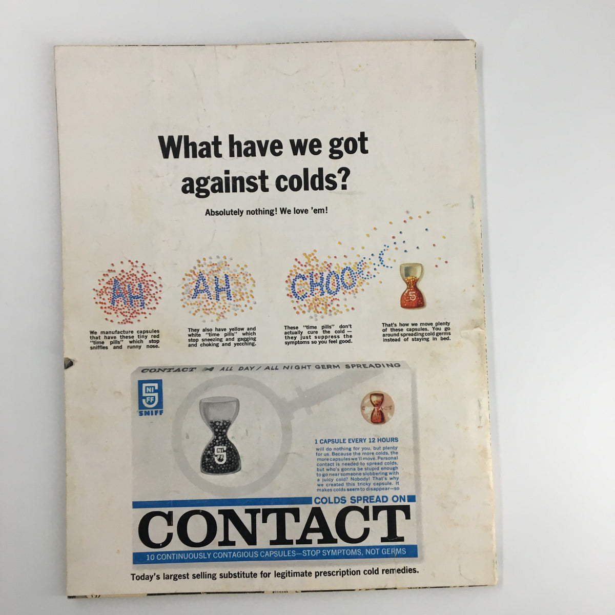 Back cover of Mad Magazine 1967 The Tenth Annual Edition of Worst from Mad, displaying an advertisement for cold symptoms with colorful graphics.
