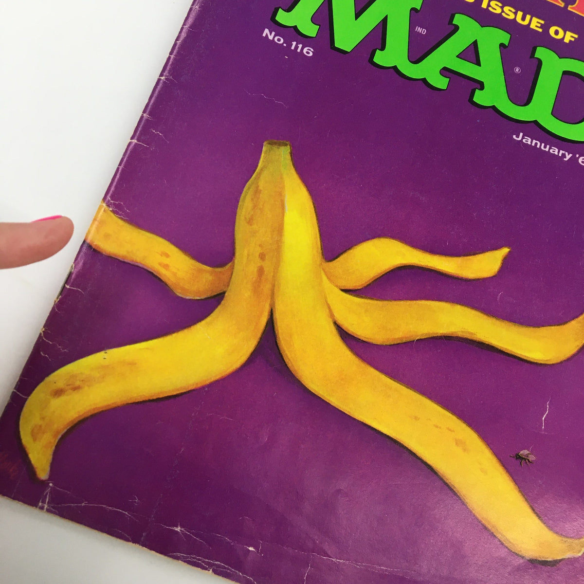 Close-up view of the cover of Mad Magazine January 1968 No. 116 showcasing the vibrant yellow bananas and the title 'Take A Trip' on a purple backdrop. Ideal for vintage magazine collectors.